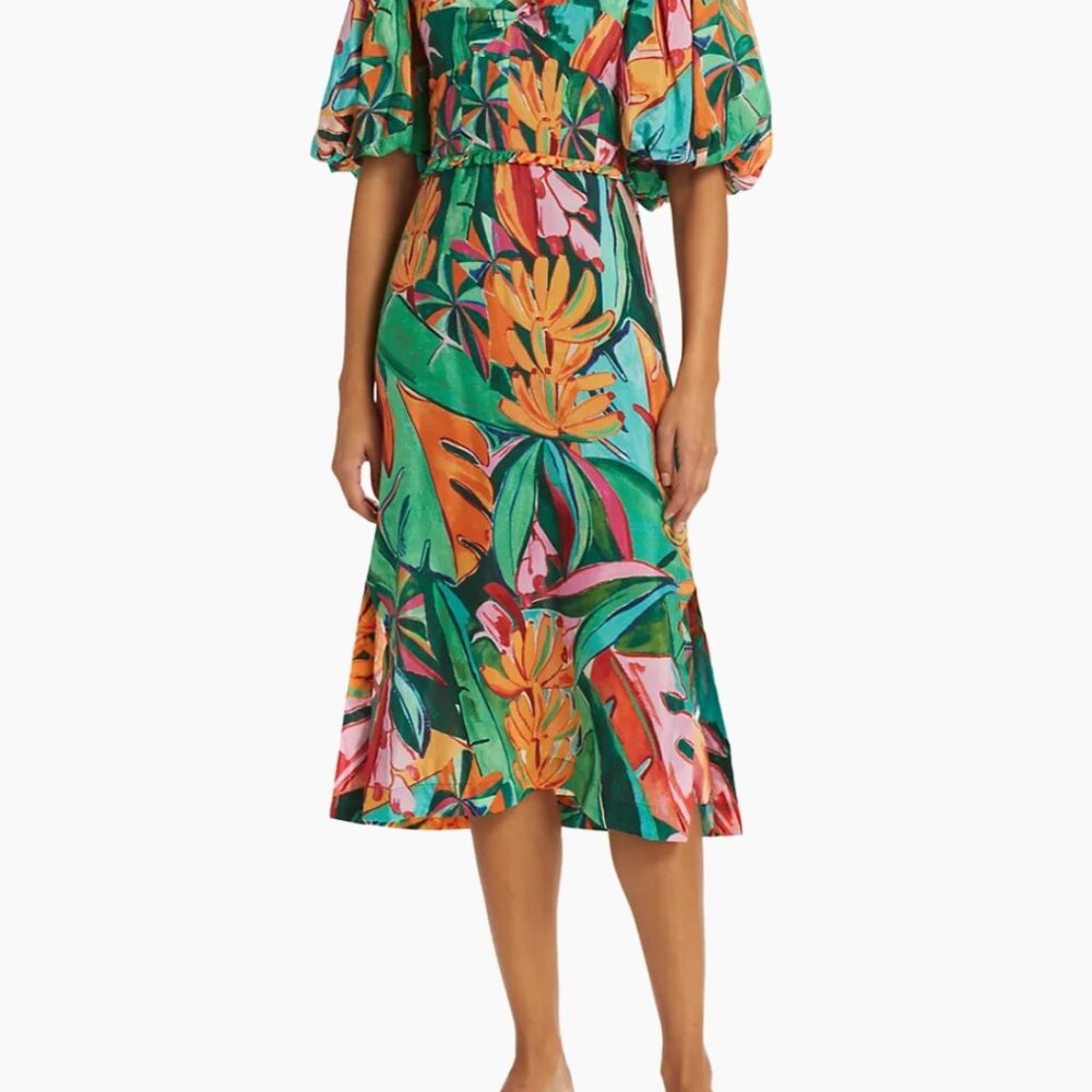 FARM Rio Green Tropical Print Midi Dress with Orange & Pink Accents - Picture 9 of 13